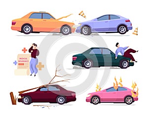 Car accident insurance. Damaged vehicles crushes automobile robbery problems fire flame from car garish vector cartoon