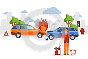 Car accident insurance, road crash in flat cartoon style, man calling for emergency help, vector illustration