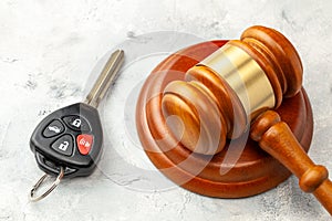 Car accident. Judge gavel and car bleeding with alarm. Car Insurance Solution