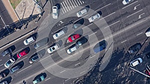 Car accident on the motorway with Traffic in the city - top down aerial shot