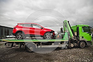 Car after an accident on a recovery vehicle