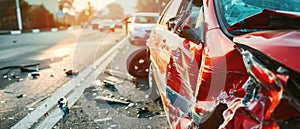 Car after accident on road, damage of vehicle on highway after collision. Concept of auto, crash, traffic, insurance, wreck and