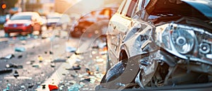 Car after accident on road, damage of vehicle on highway after collision. Concept of auto, crash, traffic, insurance, wreck,