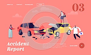 Car Accident on Road Landing Page Template. Drivers Female Characters Stand at Crashed Automobiles and Doctor Hurry