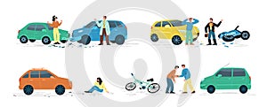 Car accident on the road with motorcycle, bicycle and pedestrian, flat vector illustration isolated on white background.