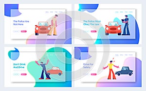 Car Accident on Road Website Landing Page Set, Couple of Drivers Characters Arguing on Roadside at Crashed Automobiles