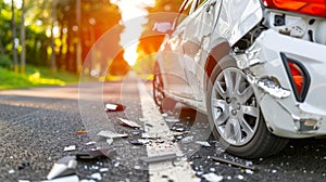 Car accident scene on tranquil country road surrounded by beautiful rural landscapes