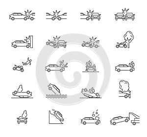 Car Accident Signs Black Thin Line Icon Set. Vector