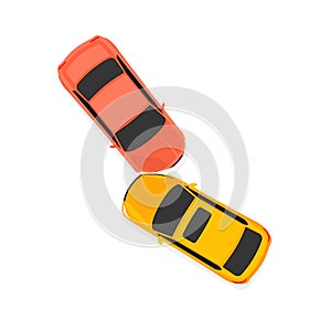 Car accident speed crash vector top view cartoon icon. Car crash concept illustration