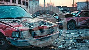 car accident statistics with Rows of wrecked cars in an impound lot, broken glass, damaged bumpers photo
