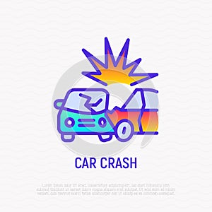 Car accident thin line icon: two cars are crashed each other. Modern vector illustration