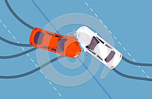 Car accident top view. Two crash cars above, road traffic collision angle intersection speed street driving auto