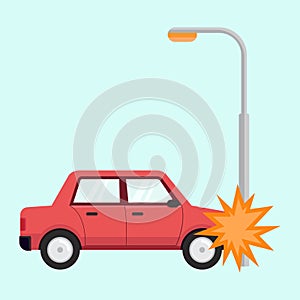 Car accident transportation crash hit street lighting pole flat design vector illustration