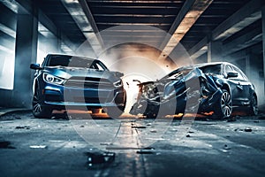 Car accident of two cars, collision of cars. Two cars are damaged after a head-on collision, a car accident. Car accident on the