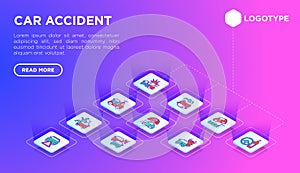 Car accident web page template with thin line isometric icons: crashed cars, tow truck, drunk driving, safety belt, traffic