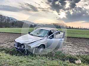 Car accident. Wreckage at road side