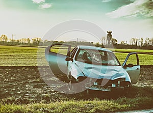 Car accident. Wreckage at road side