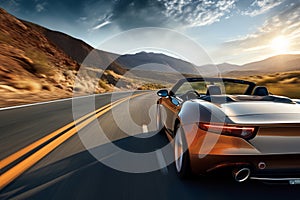 Car in action, speeding down a scenic road, capturing the essence of exhilarating speed and dynamic motion, copy space