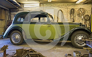 The car Adler Trumpf Junior 1937 v. in the garage