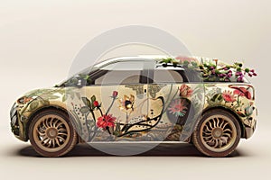 A car adorned with beautiful flowers painted on its side, showcasing a nature-inspired design, A nature-inspired car with floral photo