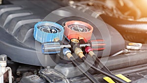 Car air conditioner check service  leak detection  fill refrigerant.