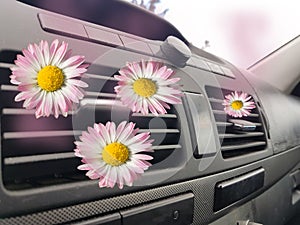 Car air conductors perfume  flowers on  aircondition inside ventilator backround photo