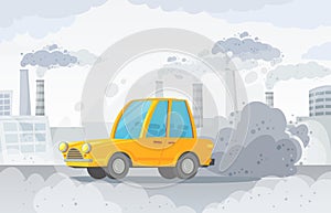 Car air pollution. City road smog, factories smoke and industrial carbon dioxide clouds vector illustration