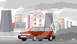 Car air pollution. Co2 emissions by vehicles and industrial factories, city traffic smog. Toxic automobile exhaust