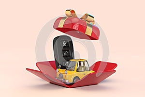 Car Alarm Remote Control with Yellow Cartoon Car in Opened Red Gift Box with Golden Ribbon. 3d Rendering