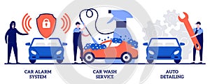 Car alarm system, car wash service, auto detailing concept with tiny people. Automobile care service vector illustration set. Anti