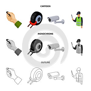 Car alarm, wheel rim, security camera, parking assistant. Parking zone set collection icons in cartoon,outline