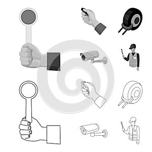 Car alarm, wheel rim, security camera, parking assistant. Parking zone set collection icons in outline,monochrome style