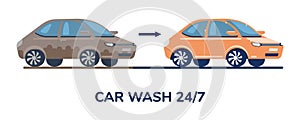 Car all-day automatic wash service banner flat vector illustration isolated.