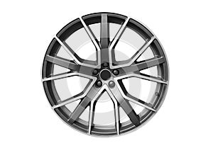 Car alloy wheel isolated on white background. New alloy wheel for a car on a white background. Alloy rim isolated. Car wheel disc