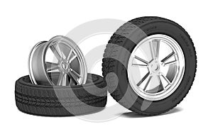 Car alloy wheel and tyre on white background. 3d render illustration