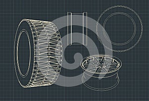 Car alloy wheels and tires blueprints