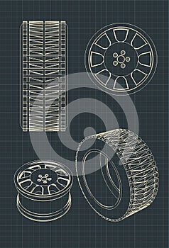 Car alloy wheels and tires drawings