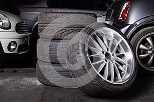 Car alloy wheels with tires for a luxury car