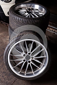 Car alloy wheels with tires for a luxury car