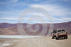 Car along the trail to Laguna Grande at the Puna de Atacama, Argentina