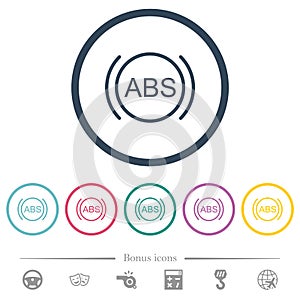 Car anti lock braking system indicator flat color icons in round outlines