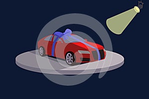 The car as a gift with a blue ribbon bow. Vector illustration