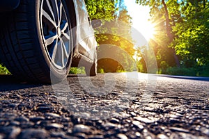 Car Asphalt Road Motion Summer Time, Summer tires on the asphalt road in the sun time