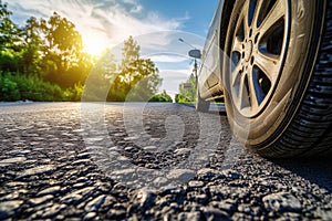 Car Asphalt Road Motion Summer Time, Summer tires on the asphalt road in the sun time