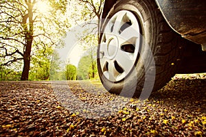 Car on asphalt road in spring