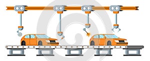 Car assembly conveyor line. Robotic car machinery industry concept.