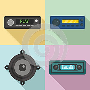 Car audio icons set, flat style