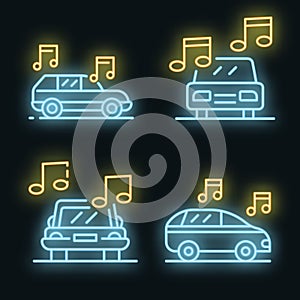 Car audio icons set vector neon