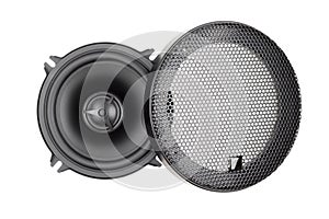 Car audio speaker with protector cover on white background