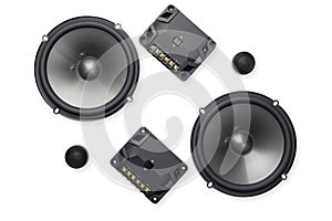 Car audio, car speakers, subwoofer and accessories for tuning. Top view